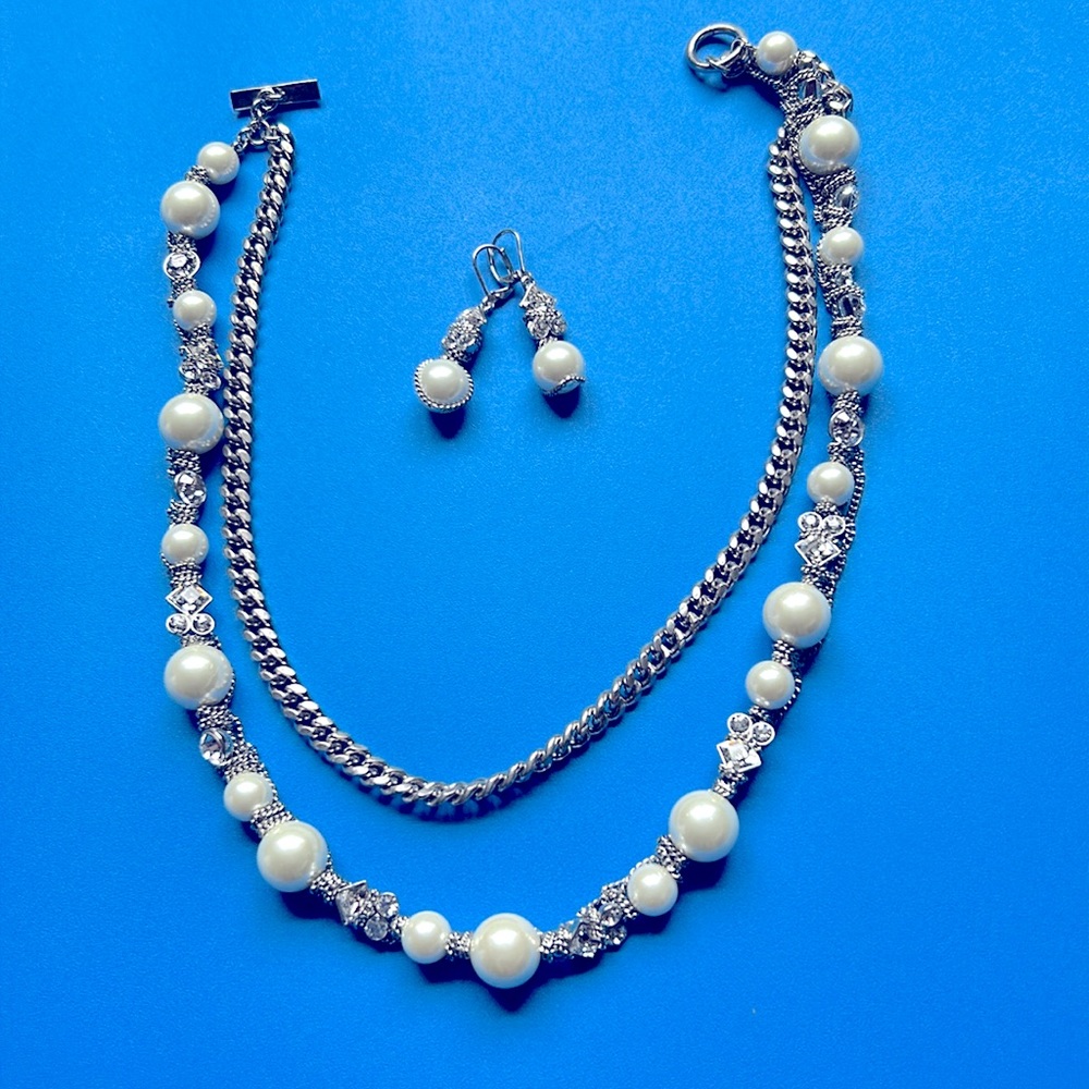 GIVENCHY Pearl & Rhinestone Silver Costume Necklace and Earrings